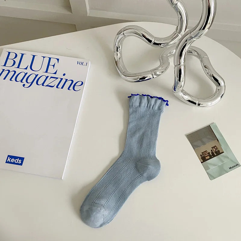 Lbsfy Women Socks High Quality Summer Fashion Casual Long Socks Solid Color Korean Style Waveselvedge Mesh Breathable Simple Thin