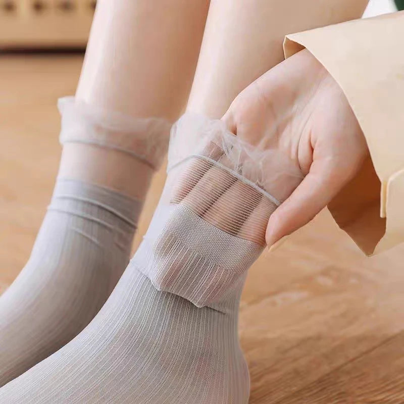 Lbsfy 5Pairs Transparent Lace Frilly Ruffle Socks Women Girls Velvet Ultra-thin Long Sock Summer Harajuku Hollow Out Sox Hosiery