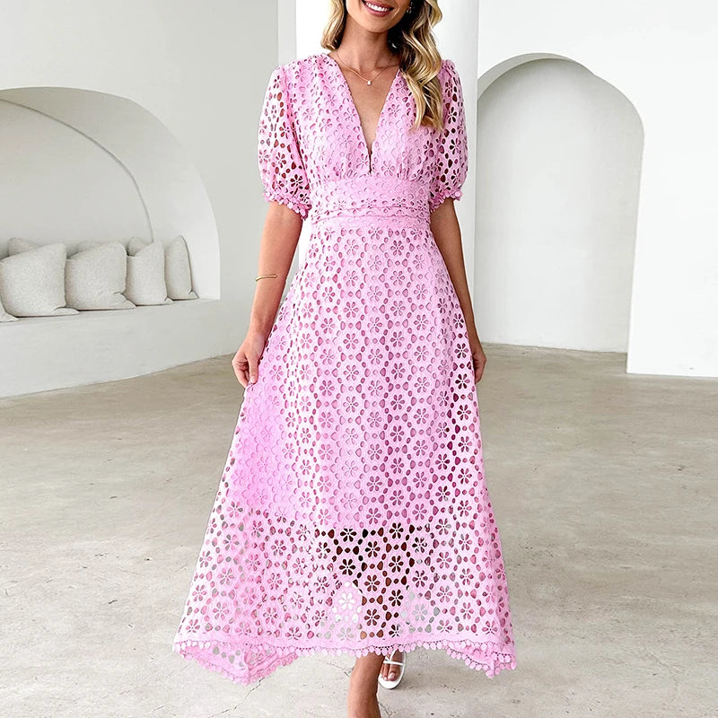 LBSFY  -  Women Elegant Puff Sleeve Solid Color Party Dress Fashion Hight Waist Slim Long Dress Sexy V-neck Lace Hollow Out Evening Dress