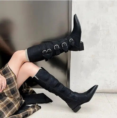 LBSFY  -  Retro Girls Brown Black Matte Leather Belt Buckles Pointed Toe Zipper Side 3 CM Low Heels Knee High Boots Women Knight Boots