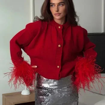 LBSFY  -  2025 Feather Patchwork Knitted Cardigan Women Fashion Long Sleeve Single Breasted Short Loose Sweater Coats Elegant Street Tops