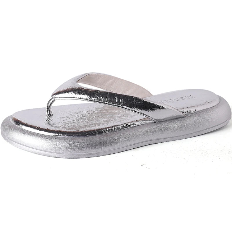 LBSFY  -  Designer Summer Woman Slippers Fashion Clip Toe Flats Heel Silvery Ladies Outdoor Beach Sandalias Flip Flop