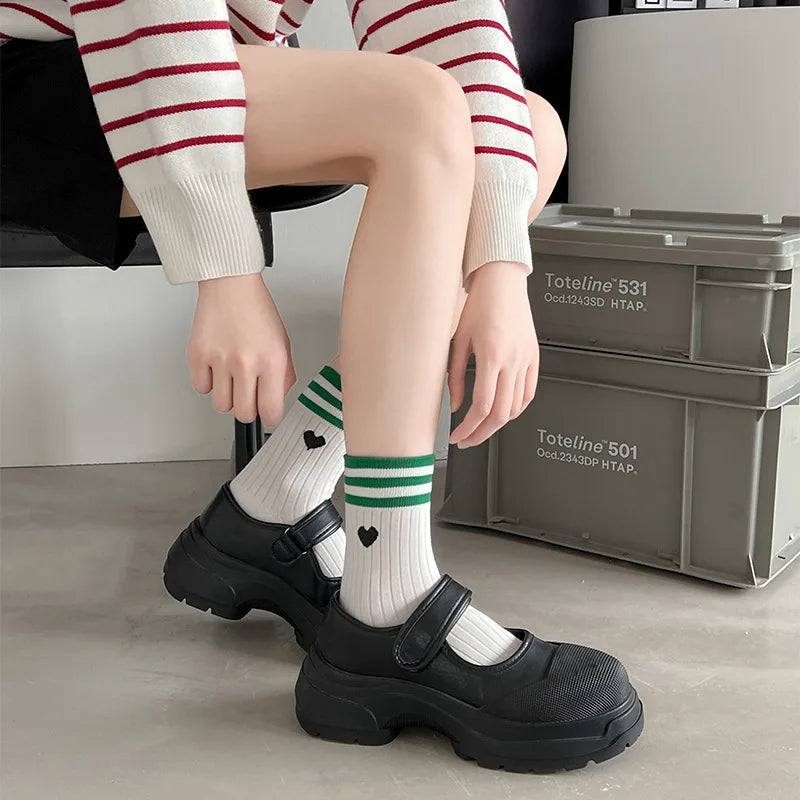 Lbsfy Women Socks Cotton Spring Winter Love Print Mid-tube Socks Harajuku Streetwear Harajuku Cute Korean Short Striped Sock Girl Gift