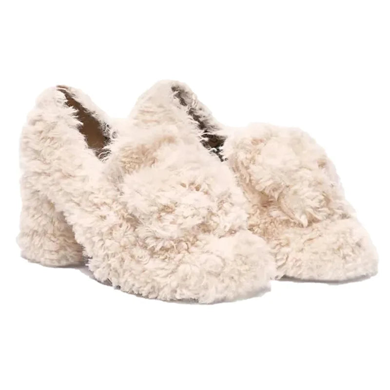 LBSFY  -  White Teddy Curly Fur Shoes High Heels Women's Winter with Velvet Outer Wear Thick Heels Mary Jane Single Shoes