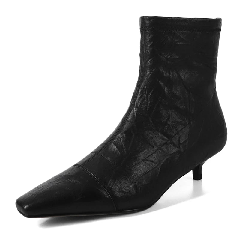LBSFY  -  Plus Size 34-41 New Genuine Leather Boots Women Zipper Pointed Toe Mid Heels Autumn Winter Ankle Boos Wool Snow Boots
