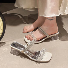 LBSFY -Ladies Shoes With Medium Heels Outdoor Rhinestones Women's Sandals Summer 2025 Asian Size Comfortable and Elegant Offers Sandal