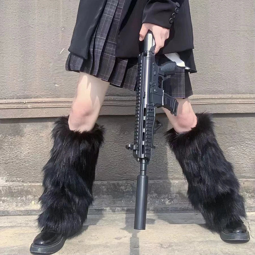 Lbsfy E-girl Furry Leg Warmers Boot Covers Y2K Goth White Faux Fur Leg Warmers Punk Jk Knee-length Hiphop Warm Sock Fashion Socks