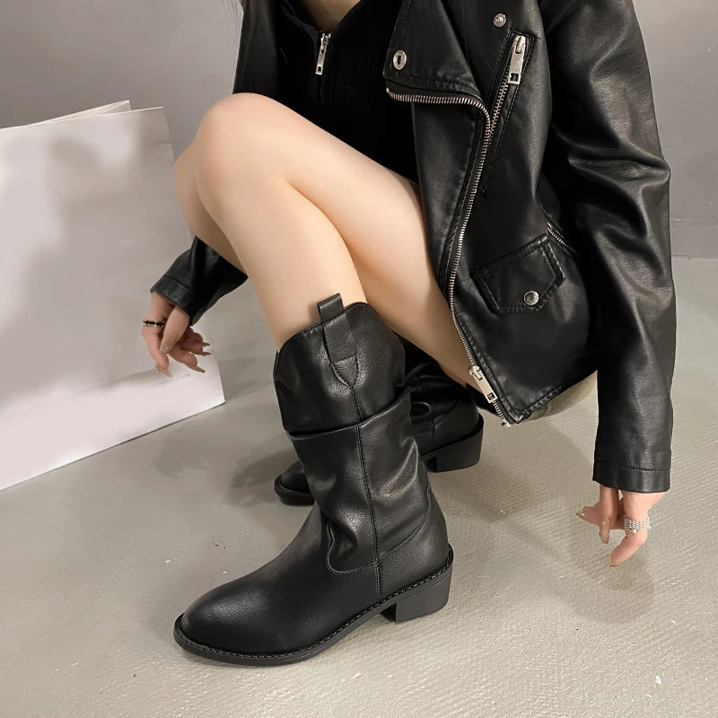 LBSFY -New Style Women's Boots Winter Casual Low Heel Non Slip Comfort Waterproof Pleated Leather Boots Cold Resistant Fashion Boots