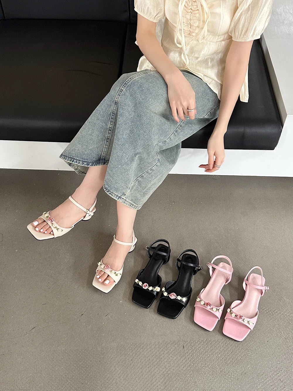 LBSFY  -  Fashion Women Sandals Open Toe Summer Dress Ankle Strap Pink White Black Flower Design Low Mid Heeled Elegant Sandals Slides 39