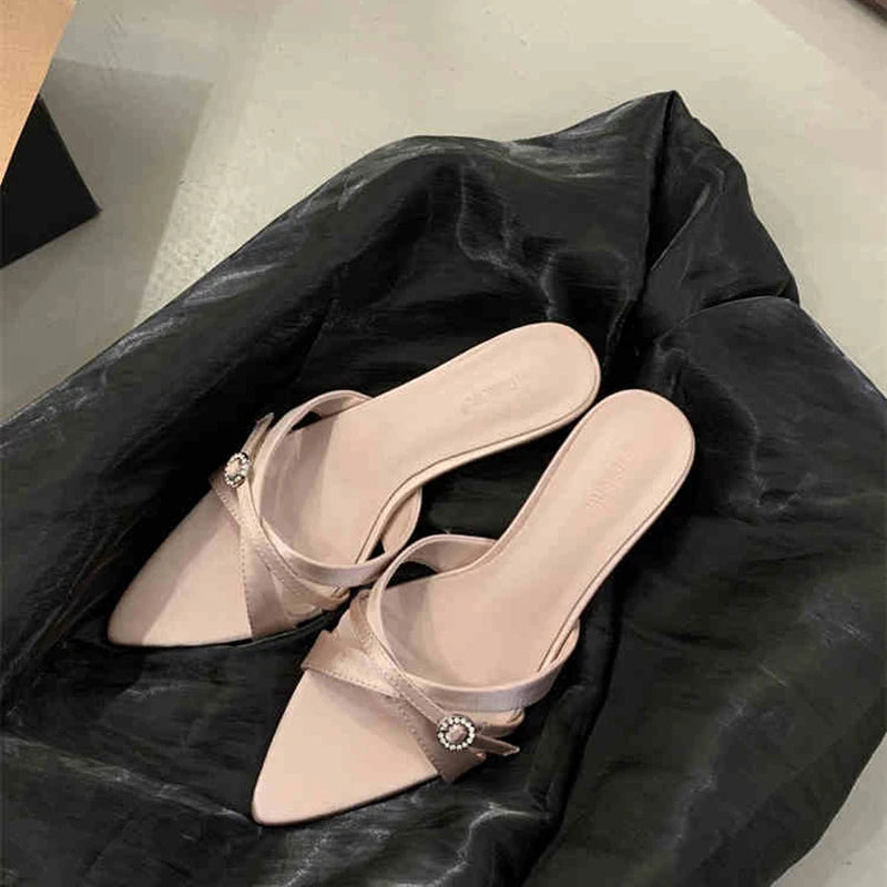 LBSFY  Summer Women's Fashion Low Heel Slippers Elegant Crystal Open Toe Slides Design Style Banquet Party Sandals Shoes
