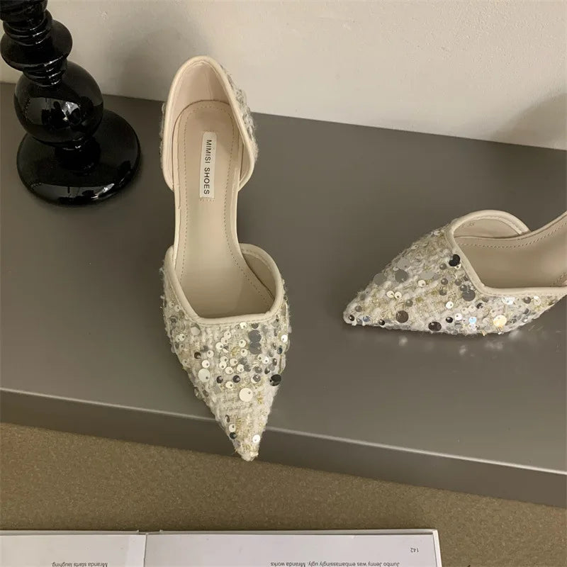 LBSFY  -  2024 Spring Glitter Pointed Toe Pumps Women Fashion Thin Heel Shallow Shoes Female Bling Sequin Material Elegant Footwear