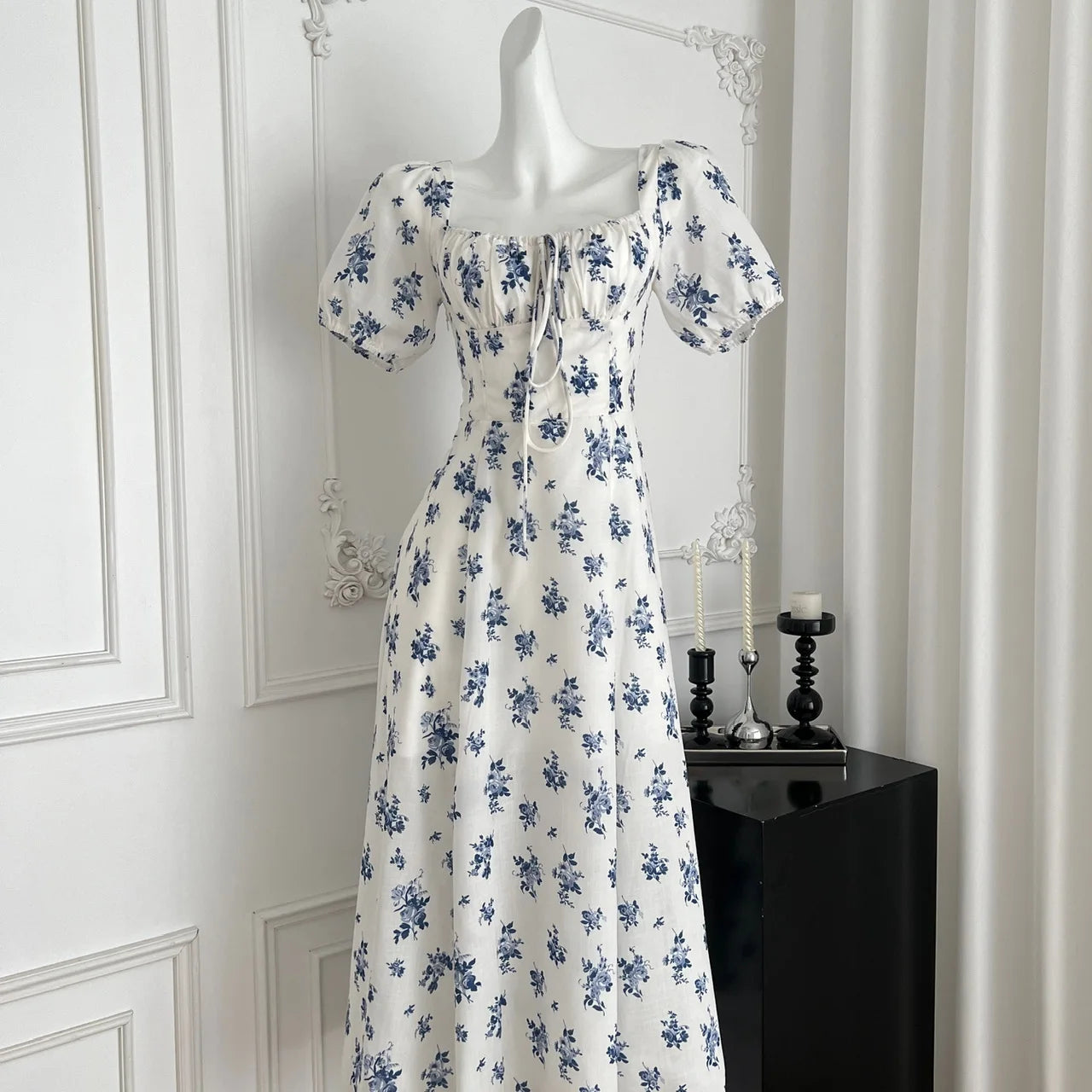LBSFY -Women's French Print Dresses Casual New Elegant Vintage Square-Collar Floral A-Line Slim Puff-Sleeve Dress Holiday Summer Chic