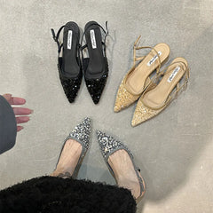 LBSFY  -  New Bling Women Sandals Fashion Pointed Toe Shallow Slip On Ladies Elegant Slingback Shoes Flat Heel Dress Shoes Mujer