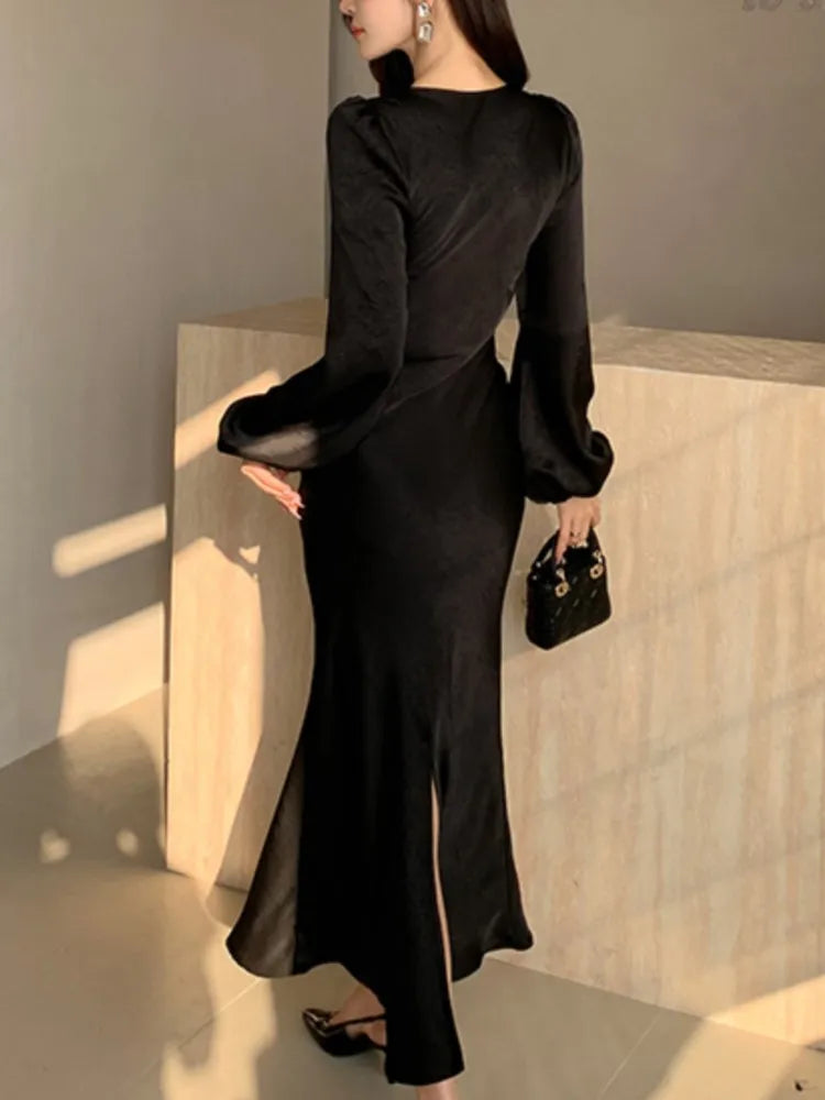 LBSFY -Autumn Satin Long Dresses for Women Long Sleeve Slim Mermaid Dress Vintage Solid Wedding Party Prom Robe Lace Up Vestidos Mujer