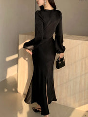 LBSFY -Autumn Satin Long Dresses for Women Long Sleeve Slim Mermaid Dress Vintage Solid Wedding Party Prom Robe Lace Up Vestidos Mujer