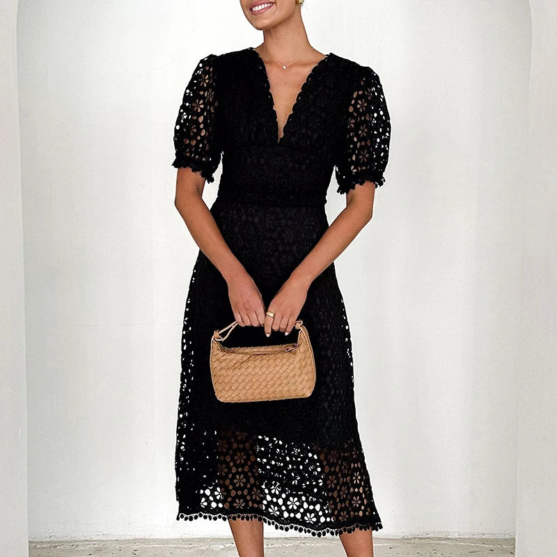 LBSFY  -  Women Elegant Puff Sleeve Solid Color Party Dress Fashion Hight Waist Slim Long Dress Sexy V-neck Lace Hollow Out Evening Dress