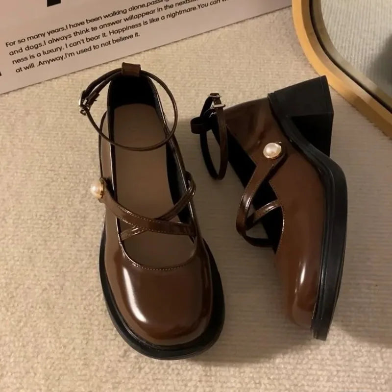 LBSFY -Women Loafers Retro Brown Mary Jane Shoes Women Pu Leather Thick Heels Lolita Shoes Woman Uniform Pumps Ankle Buckle Shoes