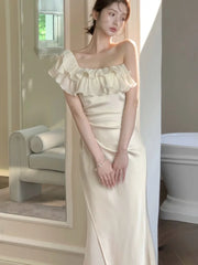 LBSFY -Elegant Party Chic Satin Mermaid Dress For Woman Ruffles Slash-Neck Slim Fit Patchwork Solid Dresses Evening Prom Female Clothes