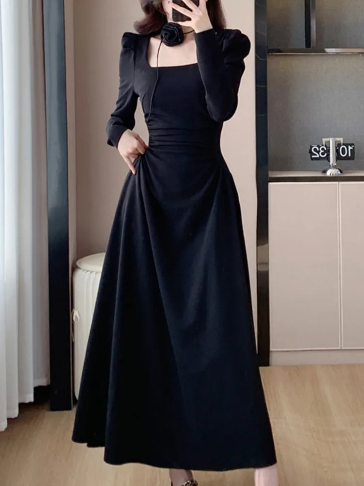 LBSFY -Elegant Chic Women Fashion Black Dress Vintage Casual A-Line Solid Party Birthday Prom Dresses Female Spring Clothes Robe Mujers