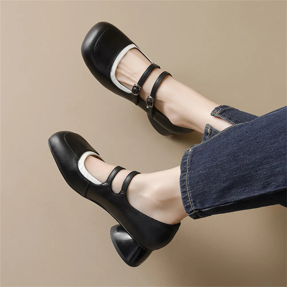 LBSFY  -  New Women's Mary Janes Shoes High Quality Genuine Leather High Heels Dress Shoes Buckle Strap Women's Party Shoes