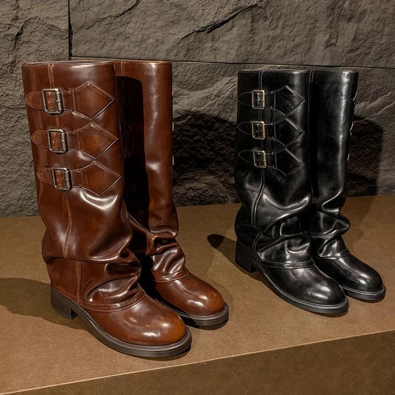 LBSFY  -  Round Toe Belt Buckle Thick Heel Boots Designer Winter Stitching Slip-On Shoes for Women Genuine Leather Knee-High Botas Mujer