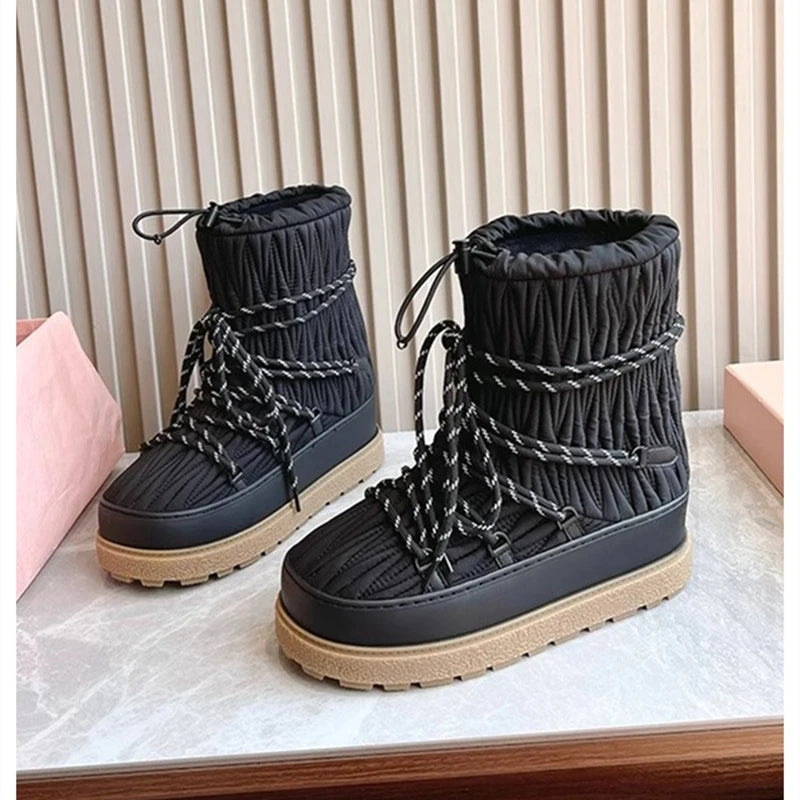 LBSFY  -  Women's Snow Boots 2024 New Pleated Big Head Short Boots Female Large Size Non-slip Platform Winter Shoes Women