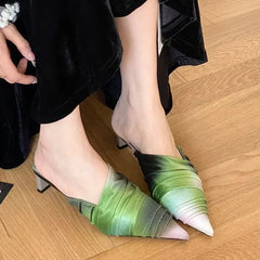 Lbsfy New Summer High Heels Mules Women Slippers Pointed Toe Slides Pleated Strange Style Fashion Brand Sandal Female Zapatos De Mujer