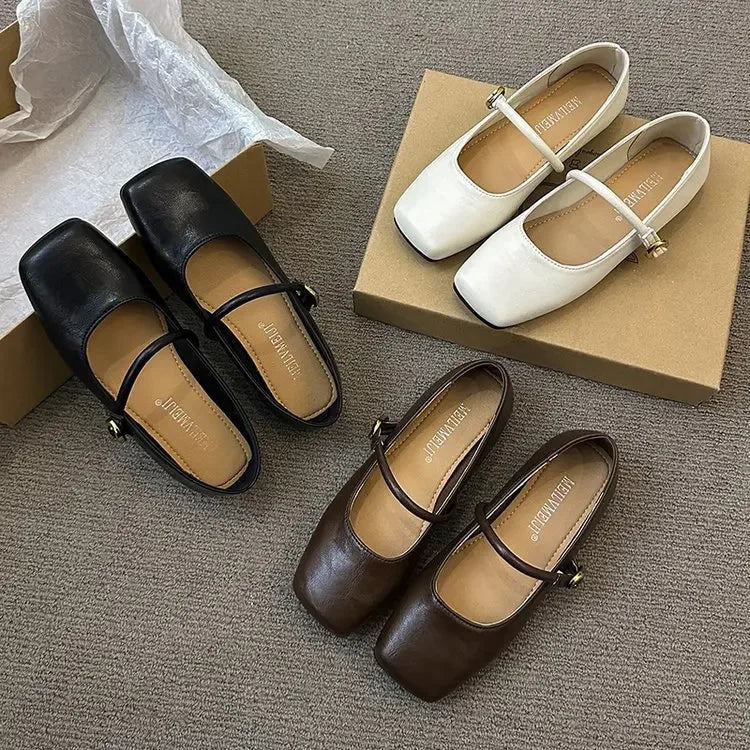 LBSFY -Women's Square Toe Slip-On Mary Jane Flat Shoes Soft Bottom Versatile Spring Summer New Style Casual Comfortable Leather Shoes