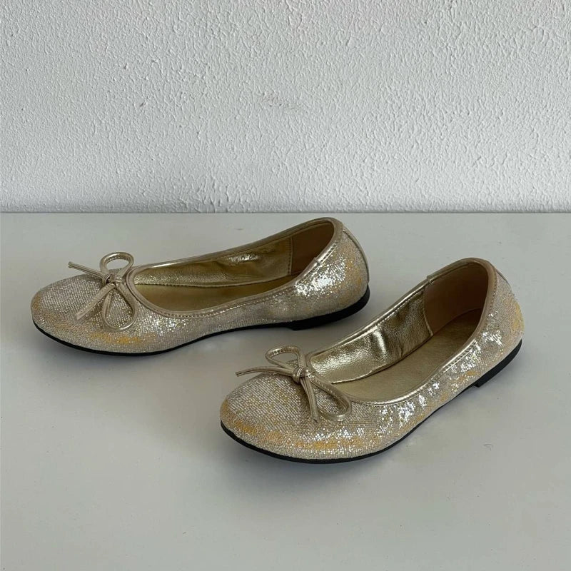 LBSFY  -  Gold Ballet Flats Summer Soft Comfortable Shallow Mary Jane Round Toe Bow Ballet Shoes Little Blue Shoes