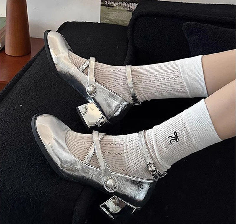 LBSFY -Ladies' Elegant  2025 Spring Style Women's Fashion One Line Buckle with Shallow Mouth Silver Mary Jane Single Shoes Square Heels