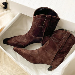LBSFY  -  Embroidered Square Toe Cat Heel Western Cowboy Boots Woman Winter 2024 Slip-On Shaped Heel Slim Boots Fashion Shoes for Women