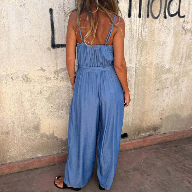 LBSFY  -  Spring Summer Sleeveless Boho Jumpsuits Women U Neck Button Pocket Sling Playsuit Summer Backless Wide Leg Pants Romper Overalls