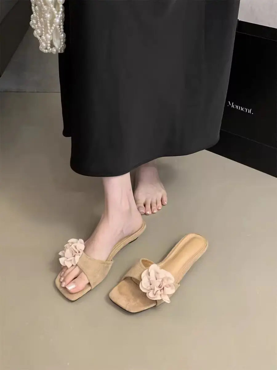LBSFY -Women French Flowers Slippers Summer Slides Open Toe Flat Casual Shoes Leisure Sandal Female Vacation Beach Flip Flops