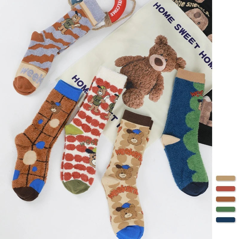 Lbsfy Winter Warm Women's Socks Cute Bear Cartoon Velvet Floor Socks for Women Soft Home Indoor Funky Sock Comfortable High Quality