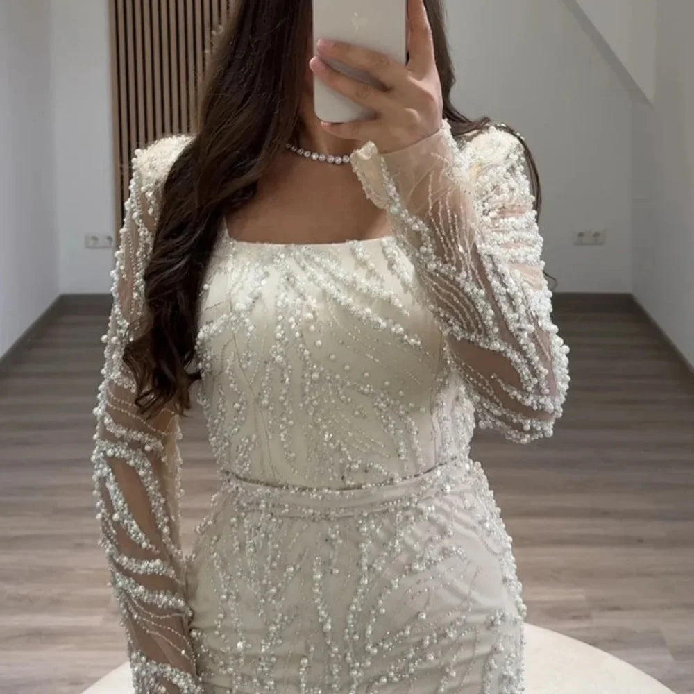 LBSFY  - Beading Pearls Wedding Dress Square Collar Long Sleeves vestidos de noche Rear Forks
