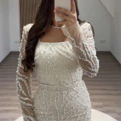LBSFY  - Beading Pearls Wedding Dress Square Collar Long Sleeves vestidos de noche Rear Forks