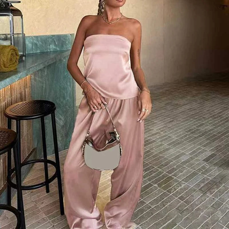 LBSFY  -  Sexy Off Shoulder Sleeveless Tops & Long Pant Set Women Elegant Strapless Loose Outfits Fashion Hight Waist Solid Satin 2Pc Suit