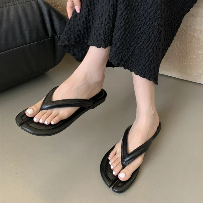 LBSFY - Ladies Clip Toe Flip Flops Silver Tabi Ninja Slippers Woman Beach Shoes Flat Sandalias Femme Slides Split Toe Sand
