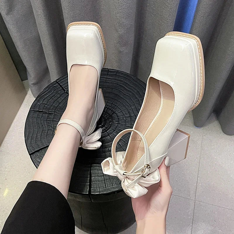 LBSFY  -  Square Toe Bow Mary Janes Shoes Women High Heels Lolita Shoes New Spring 2024 Pumps Fashion Party Zapatos Elegant Female Chunky