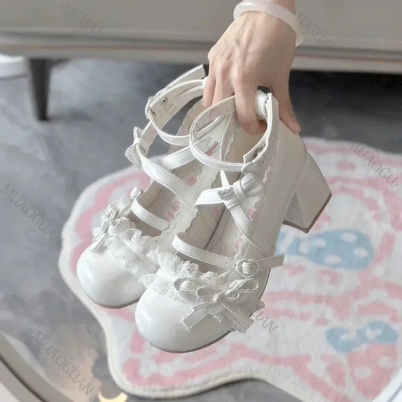 LBSFY -Lolita Red High Heels Cute pumps Shoes spring Autumn Lace Thick high heels Single Shoes Patent Leather Mary Jane Women's Shoes