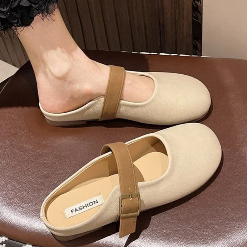 LBSFY -Soft Bottom Flat Bottom Mules Women's Slippers Spring Summer New French Style Padded Head Slip on Outdoor Rubber Heel Shoes