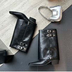 LBSFY  -  Women Western Cowgirl Booties Fashion Side Zippers Mid Calf Booties Retro Style Autumn Female Thick Heel Shoes