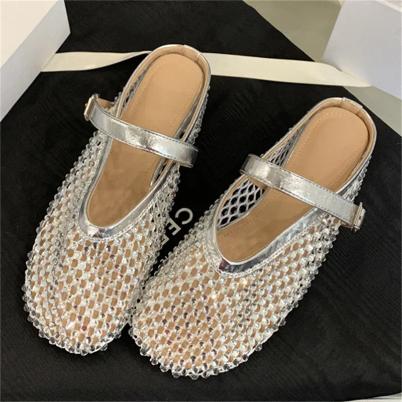 LBSFY -Mesh Hollow Out Buckle Strap Mules Slippers Women Fashion Elegant Round Toe Low Flat Heels Party Dress Shoes