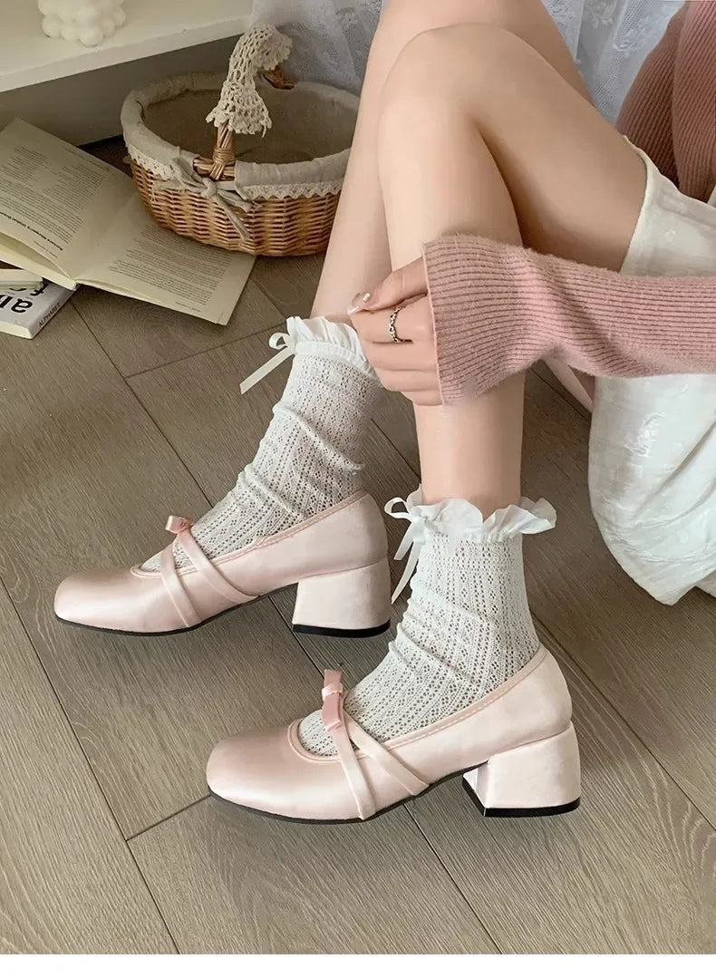 LBSFY -Women Chunky Heel Shoes New  Fashion Bowknot Strap Mid Heels Women Mary Jane Shoes Dress Shallow Mouth Ladies Ballet Shoes