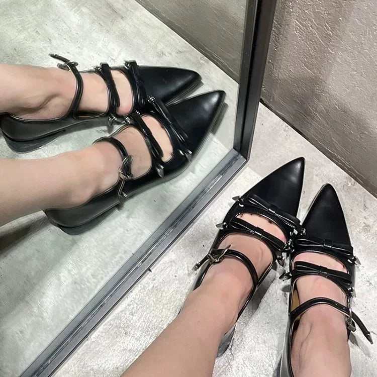 LBSFY  -  Japanese Metal Buckle Bow Mary Jane Shoes Sweet and Cool Pointed Leather Shallow Mouth Flat Sole Single Shoes for Women