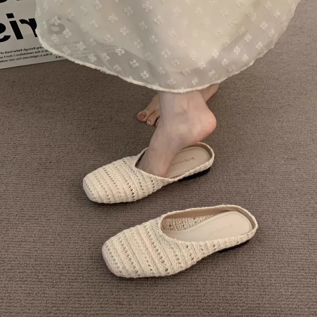 LBSFY -Women Mules Slippers Female Summer Flats Sandals Knit Fabric Stretch Slides Holiday Beach Shoes Square Heel Square Toe Flat