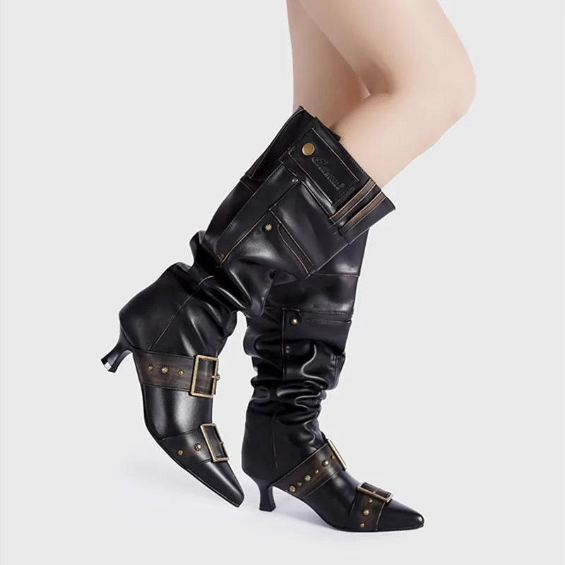 LBSFY  -  Star style Fashion Pointed toe Belt Buckle Metal Rivet Women Knee High Boots Autumn Winter Patent Leather High Heels Boots Shoes