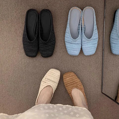 LBSFY -Women Mules Slippers Female Summer Flats Sandals Knit Fabric Stretch Slides Holiday Beach Shoes Square Heel Square Toe Flat