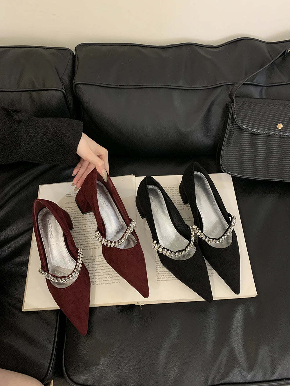 LBSFY  -  Fashion Women Pumps Pointed Toe Thick High Heels Rhinestone Chain Autumn Spring Elegant Party Pumps Shoes Woman Size 35-39