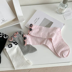 Lbsfy 4 Pairs Women's Lettuce Trim Socks Cute Bow Embroidery Breathable Socks Ankle Length Stacked Socks for Summer Streetwear
